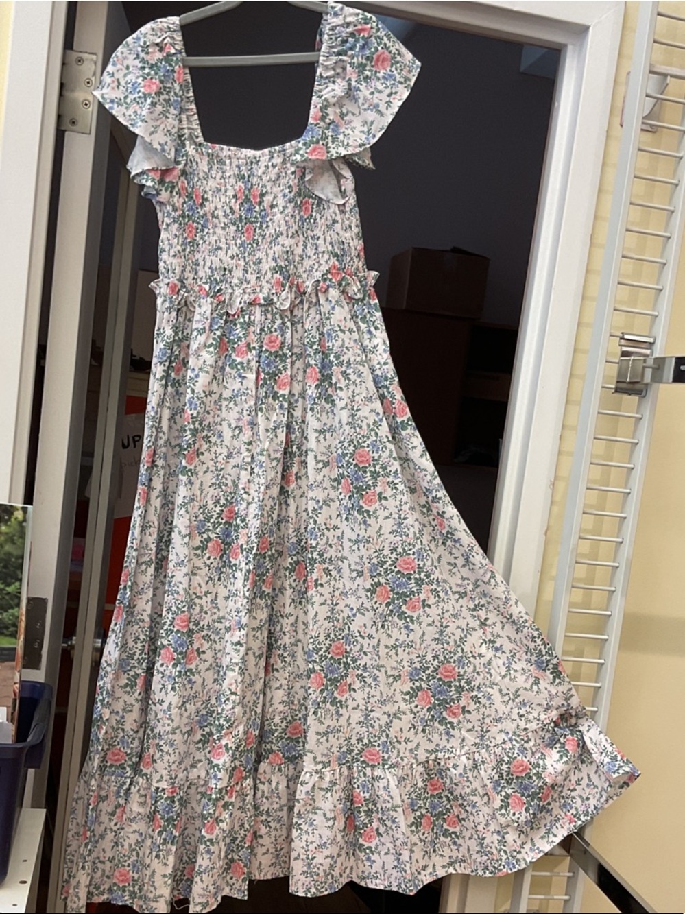 Smocked Floral Maxi Dress in Pink and Green